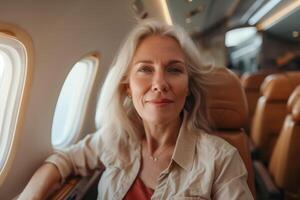 ai gerado viajando, Senior mulher sentado em a avião e olhando às a Câmera foto
