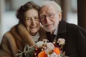 ai gerado Senior casal posando para Casamento juramento renovação cerimônia foto