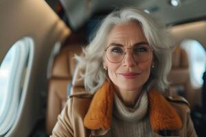 ai gerado bem sucedido idosos mulher com óculos e Castanho casaco em a avião. Senior senhora viajando ou o negócio voar foto