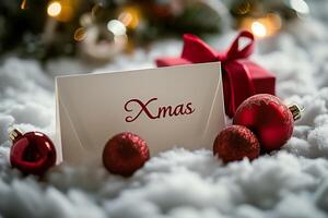 ai gerado natal branco cartão é decorado com uma brilhante vermelho fita e decorativo vermelho desenhos, criando uma festivo e alegre Natal Veja foto