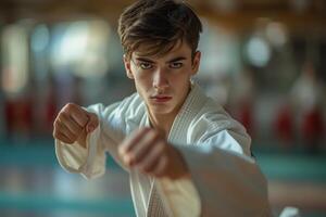 ai gerado uma jovem homem dentro uma branco quimono. karatê, judo, taekwondo foto