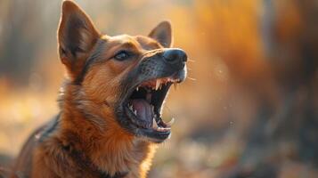 ai gerado fechar-se do uma cachorro com a aberto boca, uma perigoso agressivo Latidos animal foto