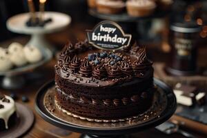 ai gerado rico chocolate bolo é elegantemente exibido, criando celebrações gostar aniversários ou feriados foto