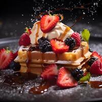 ai gerado waffles com frutas sobremesa restaurante comida, Preto fundo, realista foto