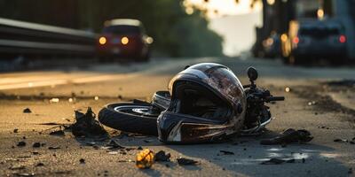 ai gerado motocicleta capacete em a estrada, estrada acidente conceito. generativo ai foto
