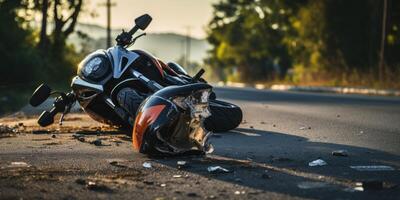 ai gerado foto do capacete e motocicleta em estrada, conceito do estrada acidentes. generativo ai