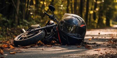 ai gerado foto do capacete e motocicleta em estrada, conceito do estrada acidentes. generativo ai