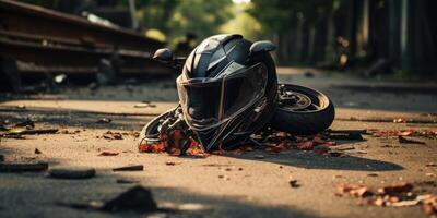 ai gerado motocicleta capacete em a estrada, estrada acidente conceito. generativo ai foto