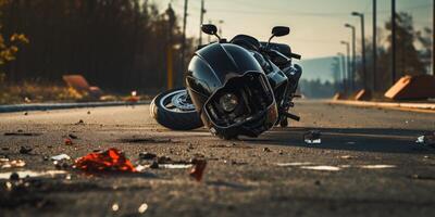 ai gerado foto do capacete e motocicleta em estrada, conceito do estrada acidentes. generativo ai