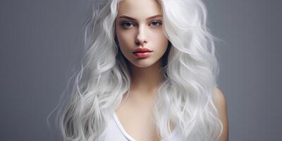 ai gerado jovem moderno menina com branco cabelo em cinzento fundo. generativo ai foto