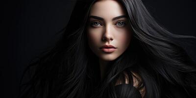 ai gerado jovem morena menina tem lindo e saudável cabelo. Lugar, colocar para texto. generativo ai foto