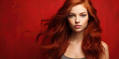 ai gerado mulher com vermelho cabelo em uma vermelho fundo, publicidade xampu. generativo ai foto