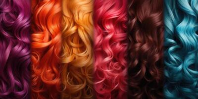 ai gerado cabelo textura fundo, conjunto do brilhante cabelo cores. amostras do tintas para colori cabelo. generativo ai foto
