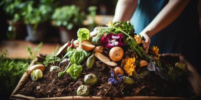 ai gerado mulher compostagem Comida desperdício dentro dela quintal. ecológico preocupação para natureza. generativo ai foto