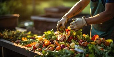 ai gerado uma homem luvas compostagem Comida desperdício dentro a jardim. orgânico Comida em processamento. generativo ai foto