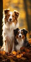 ai gerado dois fronteira collie cachorros dentro a outono floresta. generativo ai foto