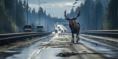 ai gerado conservação do selvagem animais. alce cruzando a estrada. generativo ai foto