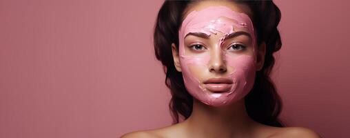 ai gerado lindo jovem menina com Rosa Cosmético face mascarar, Rosa bandeira. generativo ai foto