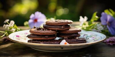 ai gerado feito à mão chocolate caseiro biscoitos, floral verão fundo. generativo ai foto