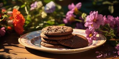 ai gerado feito à mão chocolate caseiro biscoitos, floral verão fundo. generativo ai foto
