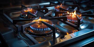 ai gerado moderno cozinha fogão cozinhar com chamas queimando. generativo ai foto