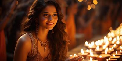 ai gerado feliz indiano mulher durante diwali feriado. feliz diwali festival com óleo lâmpada. generativo ai foto