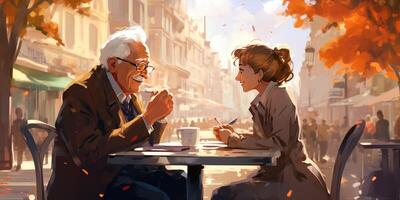 ai gerado ilustração do uma feliz idosos casal sentado dentro uma restaurante. generativo ai foto