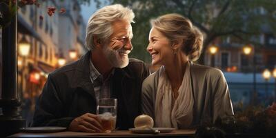 ai gerado feliz idosos casal dentro amor tendo jantar dentro restaurante. generativo ai foto