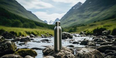 ai gerado reutilizável água garrafa para caminhada ou caminhada contra a pano de fundo do uma montanha rio, generativo ai foto