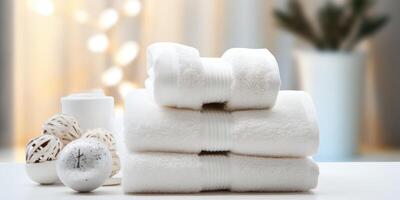 ai gerado branco limpar \ limpo toalhas dentro a banheiro fechar-se. generativo ai foto