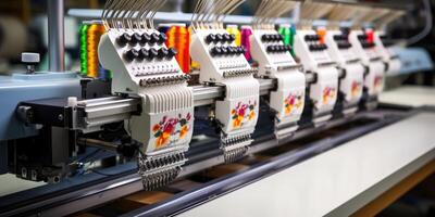 ai gerado digital têxtil indústria, automático bordado máquina dentro uma fábrica. generativo ai foto