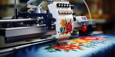 ai gerado lindo multicolorido brilhante máquina bordado. digital têxtil indústria. generativo ai foto