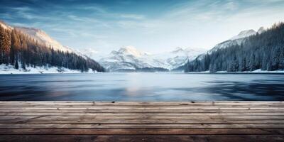 ai gerado inverno montanha panorama com uma lago em a fundo do uma de madeira mesa, cópia de espaço. generativo ai foto