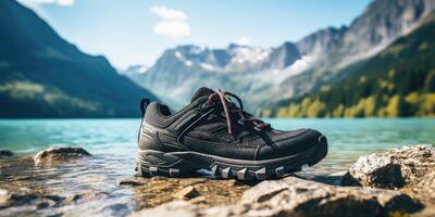 ai gerado Esportes sapatos em a fundo do uma montanha lago espaço para texto ou anúncio, generativo ai foto