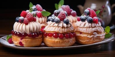 ai gerado fresco fruta doce bolos com morangos, amoras e framboesas. generativo ai foto