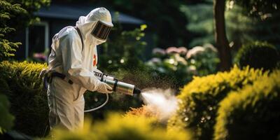 ai gerado uma homem dentro uma protetora terno guloseimas flores dentro a jardim com produtos químicos. generativo ai foto