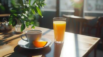 ai gerado uma café da manhã com laranja suco e café em uma mesa dentro uma fofa cafeteria foto