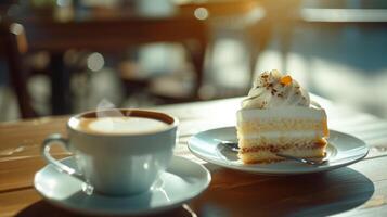 ai gerado uma café da manhã com bolo e café em uma mesa dentro uma fofa cafeteria foto