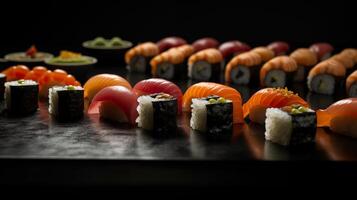 ai gerado Sushi lista japonês restaurante comida, Preto fundo, realista foto