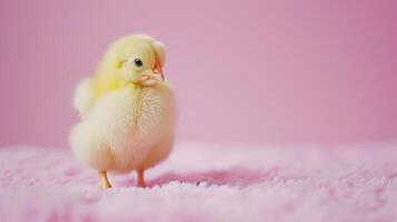 ai gerado uma pequeno amarelo frango em uma pastel Rosa fundo foto