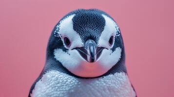 ai gerado uma fofa pinguim em uma pastel Rosa fundo foto