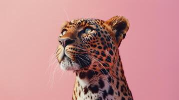 ai gerado uma leopardo em uma pastel Rosa fundo foto