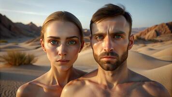 casal em pé em areia dentro deserto foto