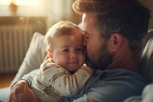 uma amoroso Papai berços dele adorável bebê dentro dele braços, ambos sorridente com puro alegria e afeição . foto