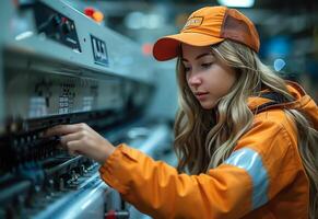uma trabalha duro fêmea trabalhador é ocupado às trabalhos dentro uma fábrica. . foto