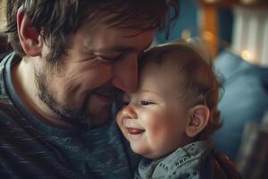 uma amoroso Papai berços dele adorável bebê dentro dele braços, ambos sorridente com puro alegria e afeição . foto