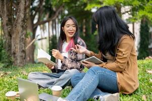 dois jovem ásia fêmea alunos estão sentado em a Relva dentro uma parque, estudando junto. foto