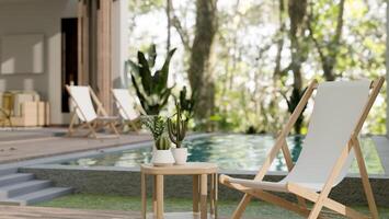 uma salão de praia cadeira e uma lado mesa de a piscina dentro uma lindo contemporâneo piscina villa lar. foto