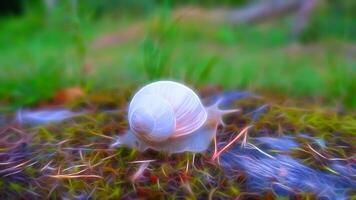 digital pintura estilo representando uma Caracol vagando dentro a madeiras depois de a chuva foto