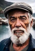 resistido pescador retrato - áspero características e piercing olhar foto